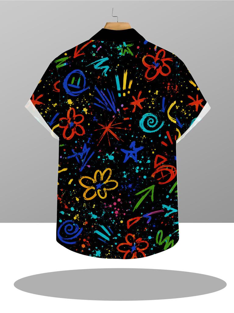 Men'S Urban Street Style Aloha Shirt, Abstract Graffiti Print, Casual Vacation Shirt, Suitable for Fans of Cool And Trendy Styles