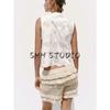 Summer New Product Women's Clothes Minimalist Style Button Decoration Cut Out Embroidered Crew Neck Sleeveless Shirt Tops 8126947
