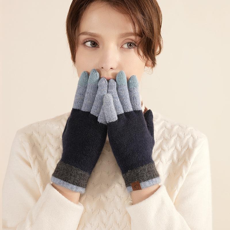 

Взрослые шерстяные термоперчатки зимние уличные холодные перчатки ветрозащитные универсальные контрастные вязаные перчатки женские average size темно-синий