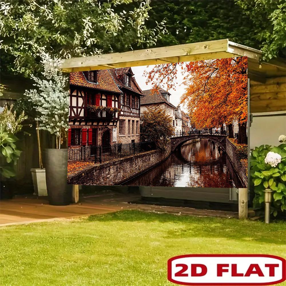 Autumn Canal Town with Half Timbered Houses Wall Tapestry 2D Flat Print European Village Art Nature Decor Home Interior Hanging