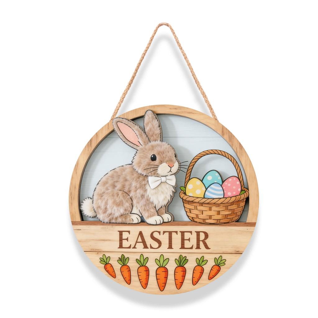Easter Wooden Round Door Sign - Bunny Egg Hanging Plaque Decor Handmade Wood Holiday Ornament for Home Garden Party