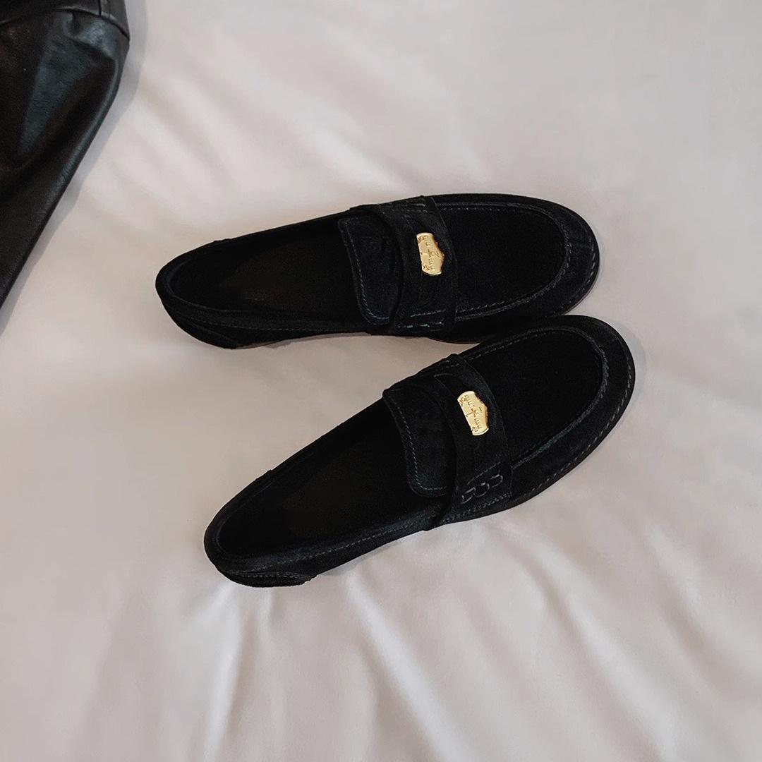 All leather autumn women's shoes 2025 new Amiu small gold coins one pedal lazy loafer single shoes women's small leather shoes cm marrone