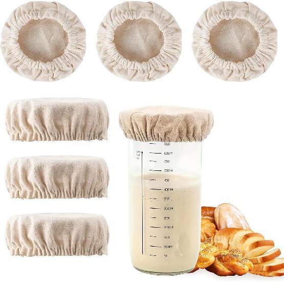 6 шт. Чехлы из ткани для банок с закваской - Многоразовые льняные чехлы для эластичных контейнеров с закваской, Неотбеленная ткань для ферментации хлеба