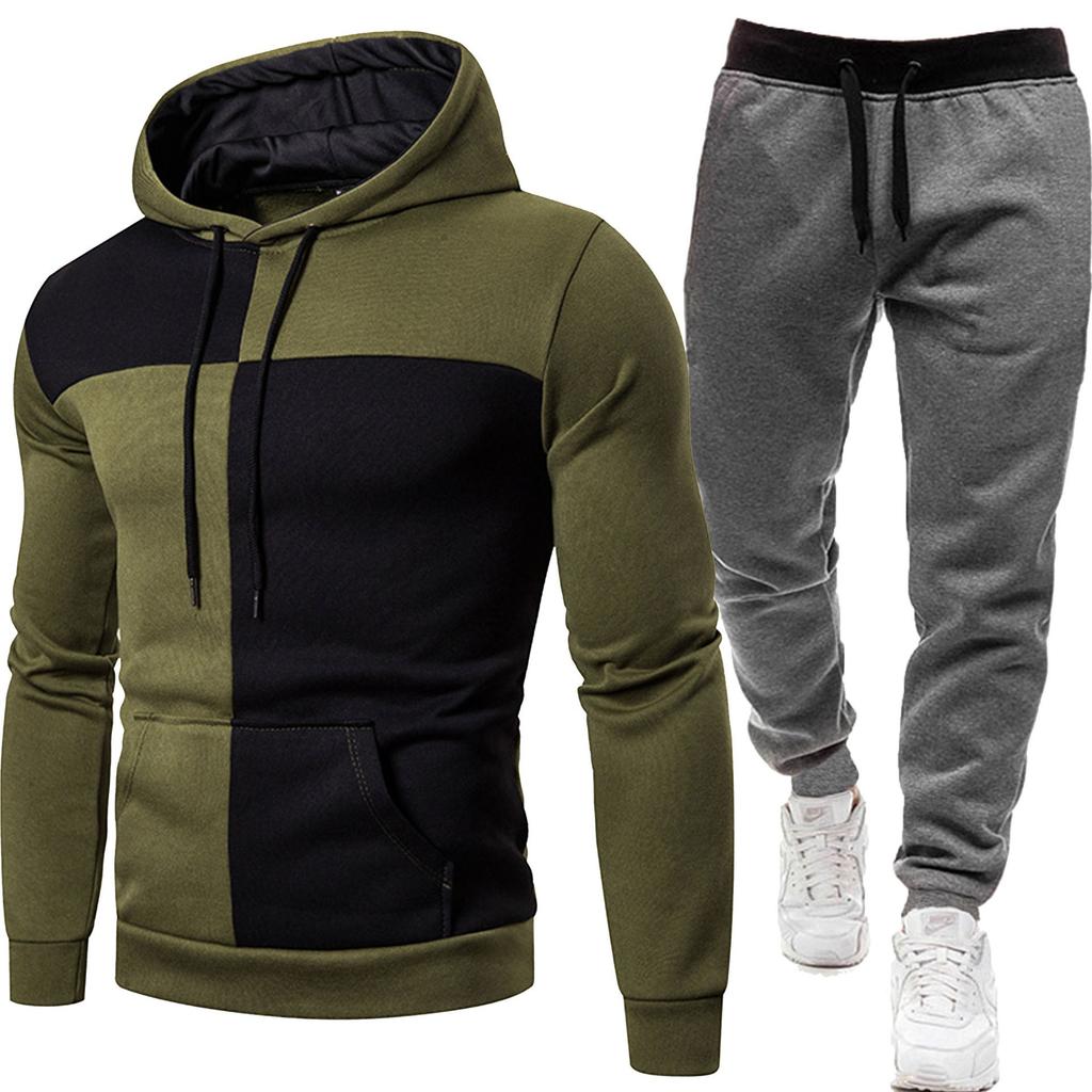 Men's Casual Sports Hoodie Set Trendy Versatile Color Blocked Hooded