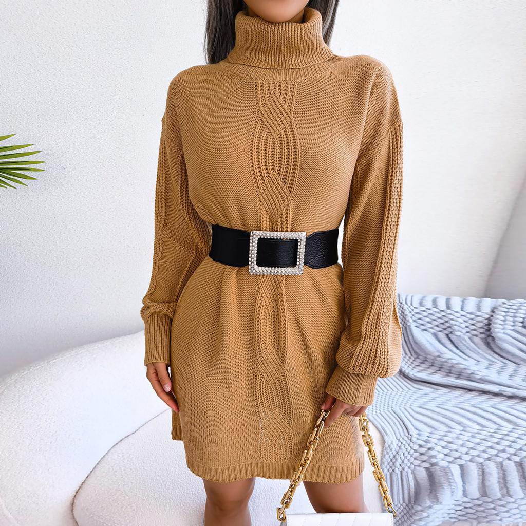 Women Casual Color High Collar Long Sleeve Bottomed Wool Dress