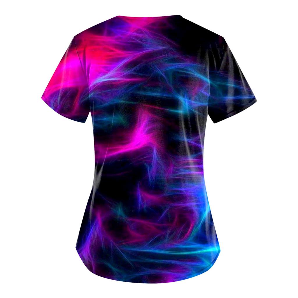 Plus Size Cute Printed Scrub Working Uniform Tops For Women  V-Neck Short Sleeve Fun T-Shirts Workwear Tee With Pockets