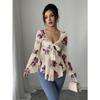 Fashion Square Collar Sweet Flower Printed Women Blouse Blending Tie Long Sleeved Shirt Ladies Loose Irregular Tops Elegant Slim Fit Casual Clothing