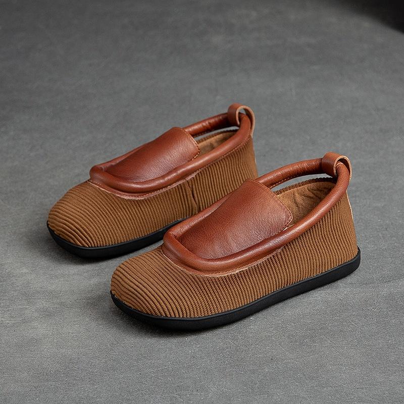 Johnature Retro Round Toe Flats Lightweight And Versatile Genuine Leather Splicing Women's Slip-on Shoes