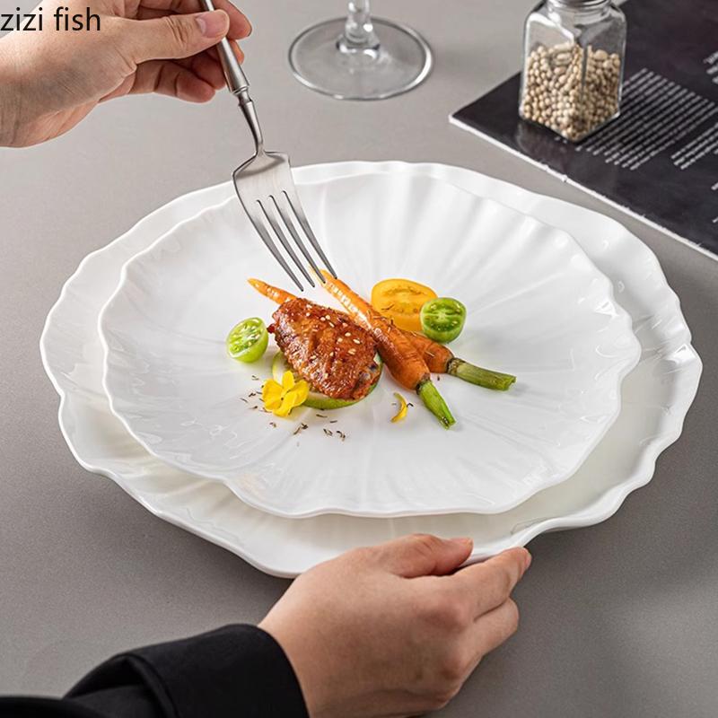 Pure White Flower Shape Ceramic Shallow Plate Steak Salad Plate Dessert Dish Sashimi Plate Molecular Cuisine Creative Tableware