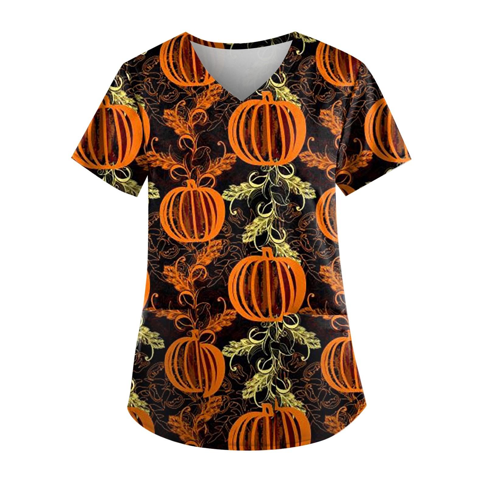 

Women Short Sleeve V Neck Hallowmas Pattern Tops Pocket Working T-shirts L золотой