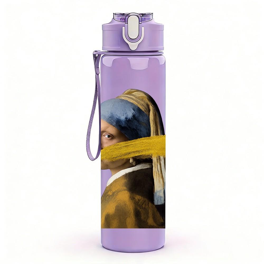 1PC Girl With Pearl Earring Modified Art 750ml Color Plastic Sports Water Bottle Leakproof Flip Straw Lid Suitable for Sports Office Home Use