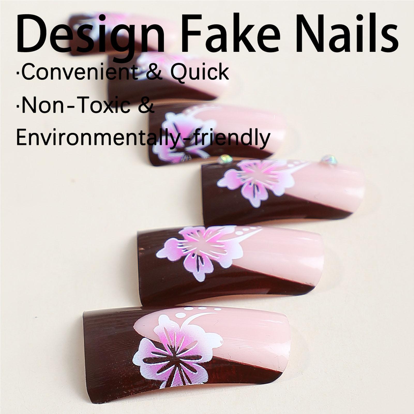 24pcs French Nude Fake Nail Flower Pattern Duck Nails Tips Artificial Nail for Women Manicure Nail Decoration A