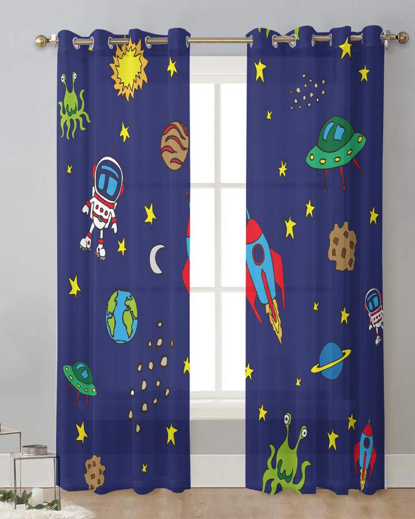 Space Astronaut Rocket Moon Planet Sheer Curtains for Living Room Decoration Window Curtains Kitchen Tulle Voile Curtains