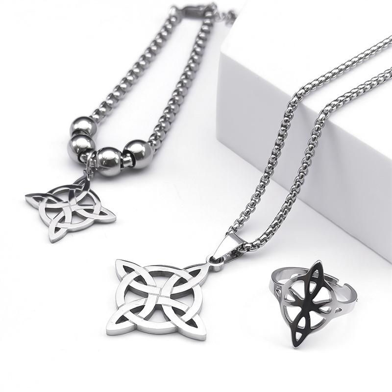 Stainless Steel Zircon Set Witch Irish Celtic Knot Wicca Pendant Necklaces for Women Men Earring Bracelet Ring Nudo De Bruja