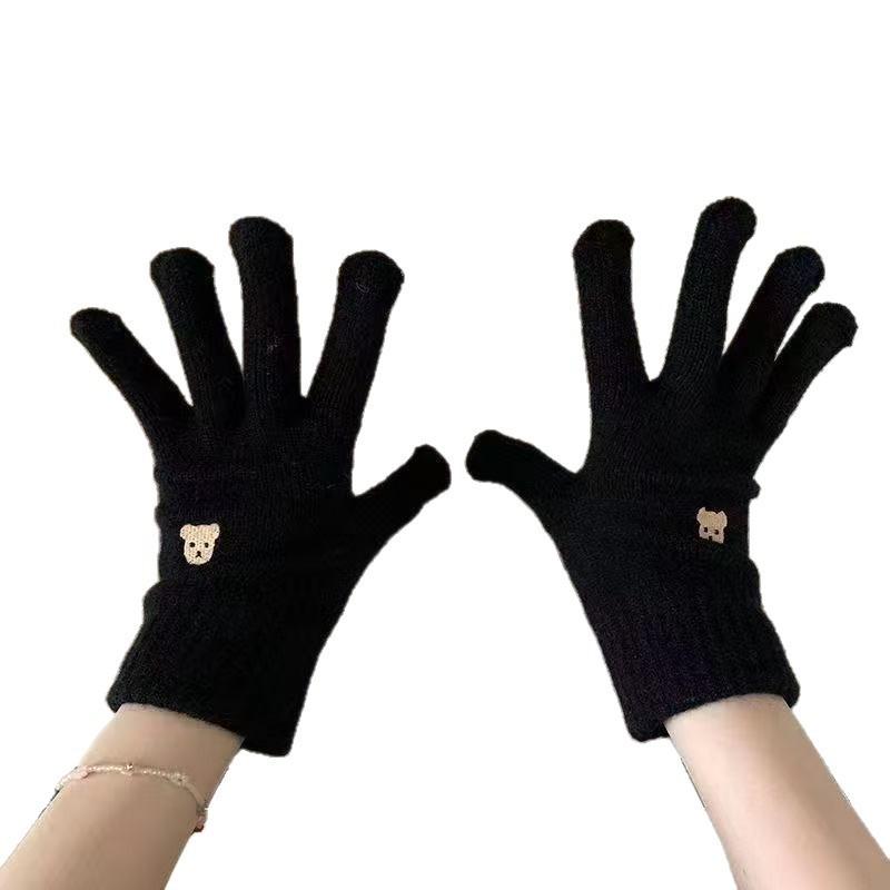 New Autumn and Winter Cute Bear Embroidery Wool Knitted Five-finger Gloves Finger-revealing Female Solid Color