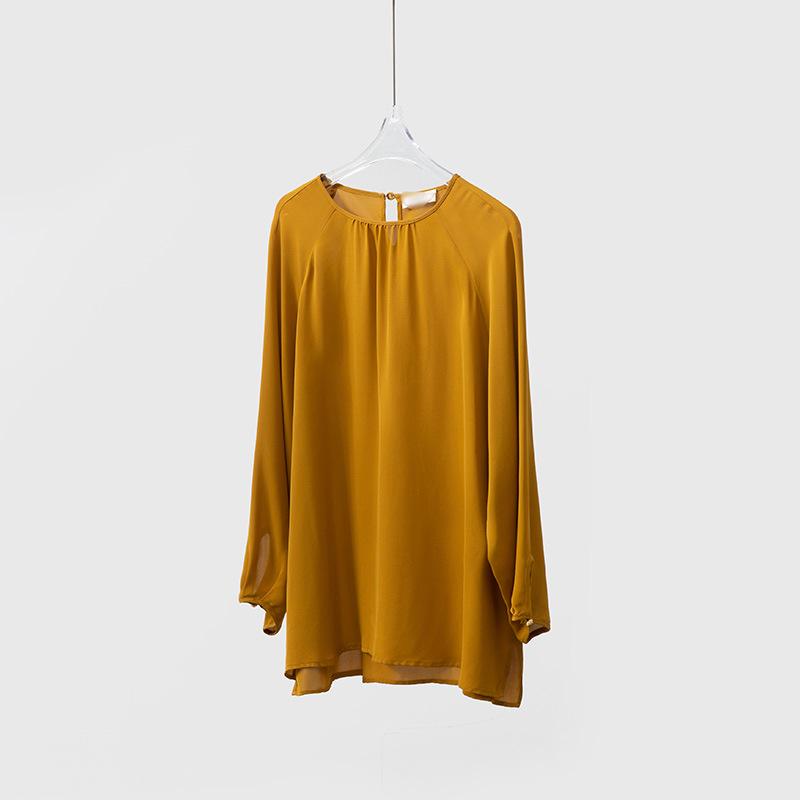 

Solid Color Mulberry Silk Long Sleeve Top - 100% Silk, Round Neck XL