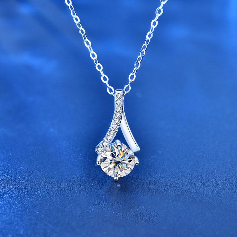 Lady Round Moissanite CZ Waterdrop 925 Sterling Silver Necklace 1 Carat Moissanite CZ