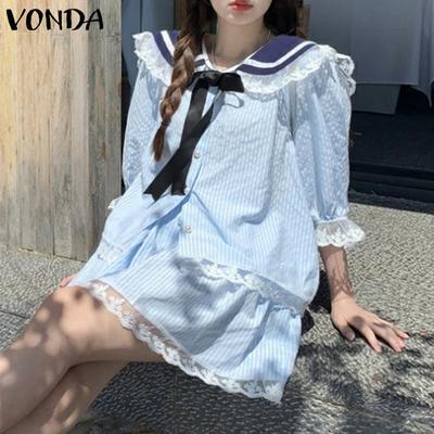 Two Picecs Women Naval Collar Lace Hem Striped Texture T-shirts and Shorts Sets