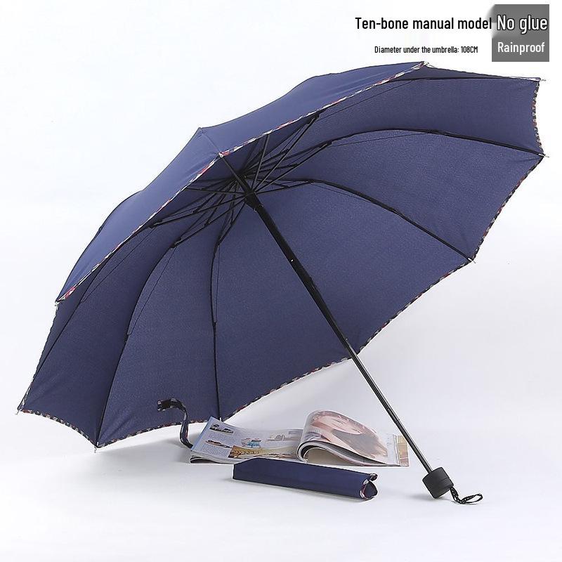 Extra Large Dual-Use Umbrella for Men and Women: Manual Three-Fold Design with Reinforced Black Glue for Rain or Shine Protection.