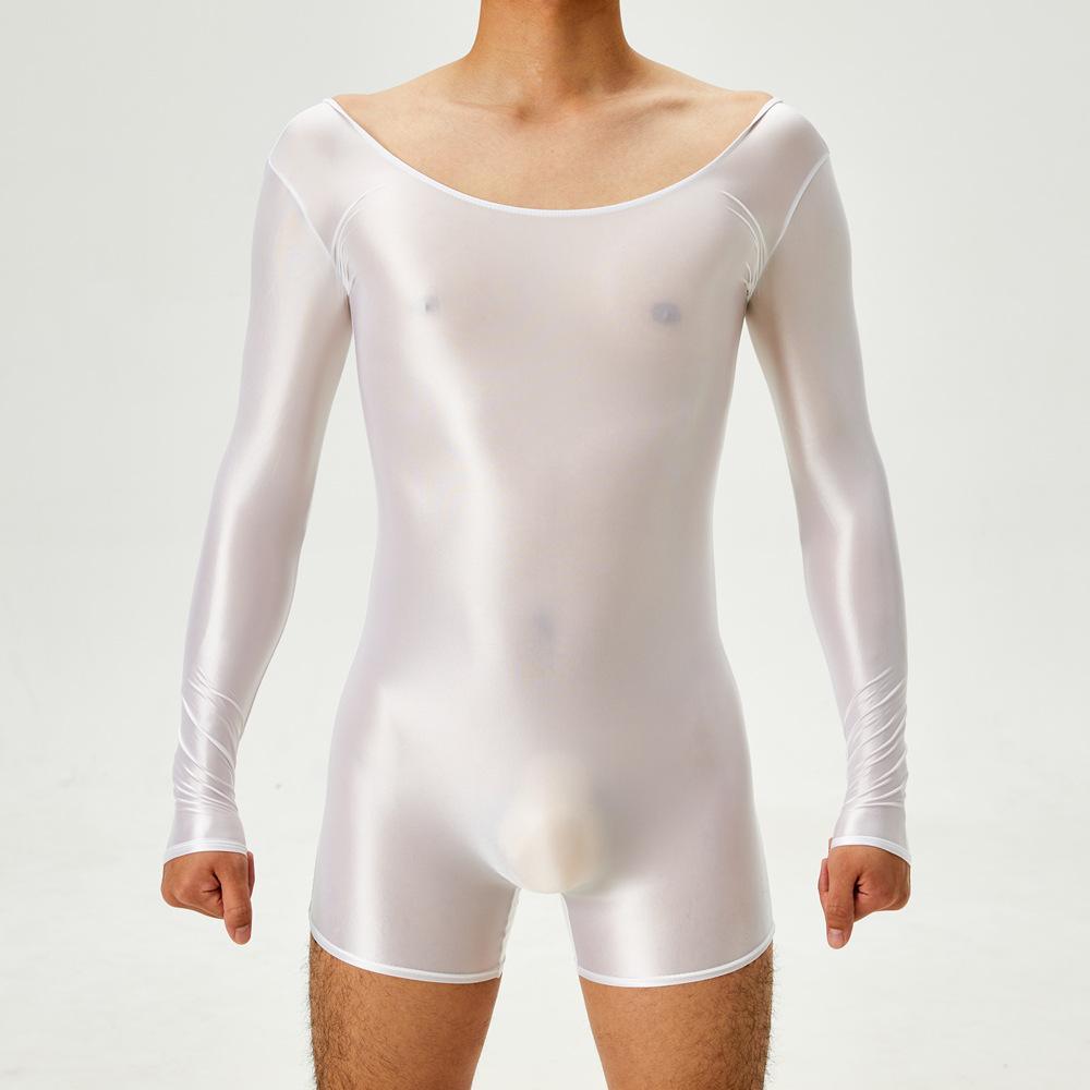 Sexy Men Dual Use Top T-Shirt Backless Bodysuit Stain Smooth Oil Glossy Shiny Sexy Tights Elastic Yoga Shapping Leotard Plus