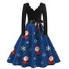 Ladies Casual Fashion Christmas Print V-Collar  Vintage Dress