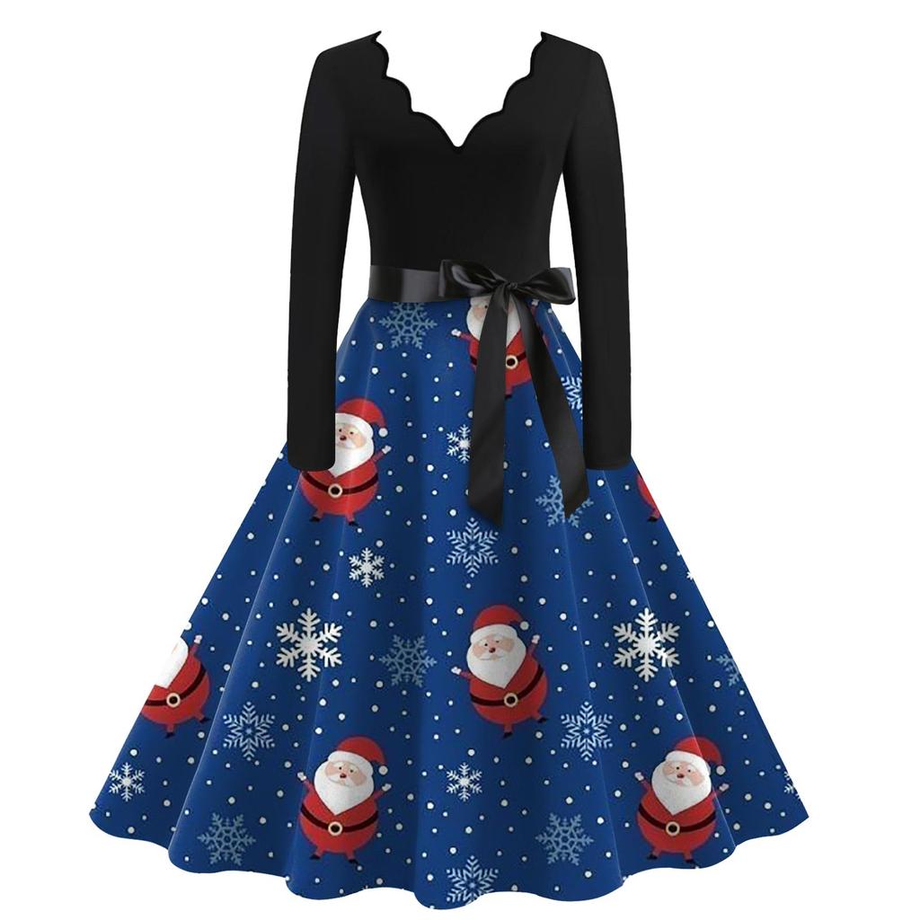 Ladies Casual Fashion Christmas Print V-Collar  Vintage Dress