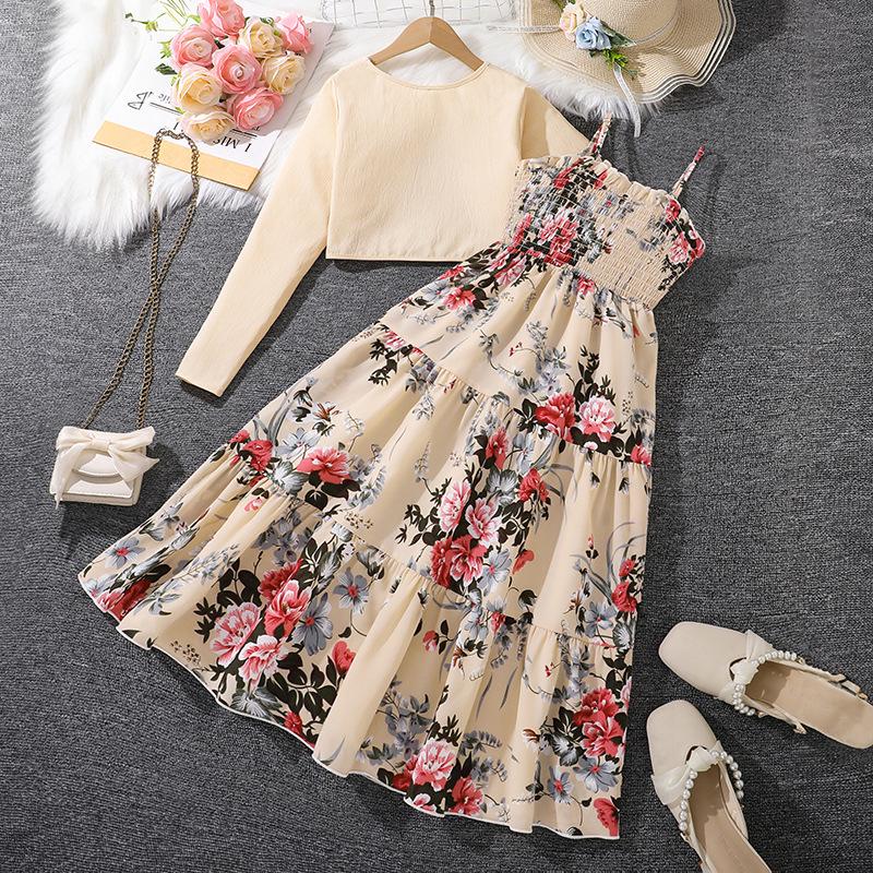 Spring Floral Suspender Dress & Long Sleeve Jacket for Kids