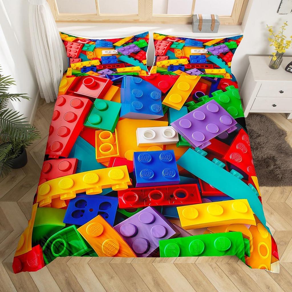 Building Block Duvet Cover Twin King Rainbow Construction Bedding Set Colorful Bricks Comforter Cover For Teen Girls Room Decor