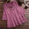 Summer Elegant Holiday Blouse Women Casual Loose Top Cotton Linen Stitching Lace Flower V Neck Solid Tops Shirt
