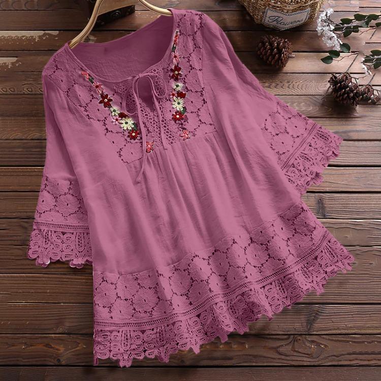 Summer Elegant Holiday Blouse Women Casual Loose Top Cotton Linen Stitching Lace Flower V Neck Solid Tops Shirt