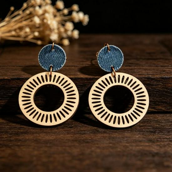 Vintage Hollow Geometric Denim Patchwork Wooden Earrings for Women