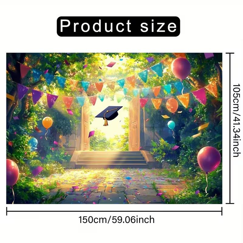 2D Graduation Garden Backdrop, Colorful Bunting, Balloons and Grad Cap Background