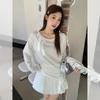 White Bow-tie Crew Neck Sunscreen Blouse Women's Autumn New Clavicle Long-sleeved T-shirt Top