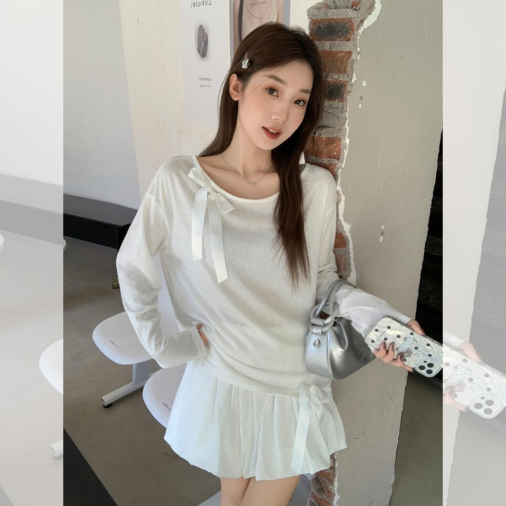 White Bow-tie Crew Neck Sunscreen Blouse Women's Autumn New Clavicle Long-sleeved T-shirt Top