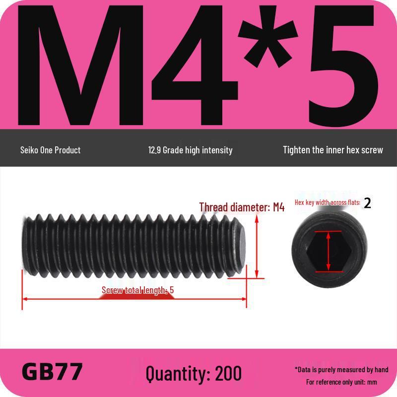 Class 12.9 Inner Hex Flat Head Headless Grub Screw M3-M12