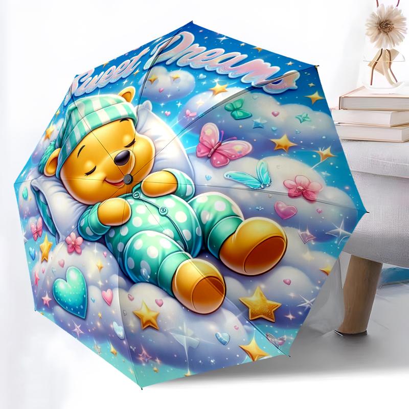 1pc Sturdy 8-Bone Auto Umbrella, Christmas Tree Pooh Bear Floral Umbrella, Digital Printed, Foldable Umbrella for On-the-Go Outdoor Use