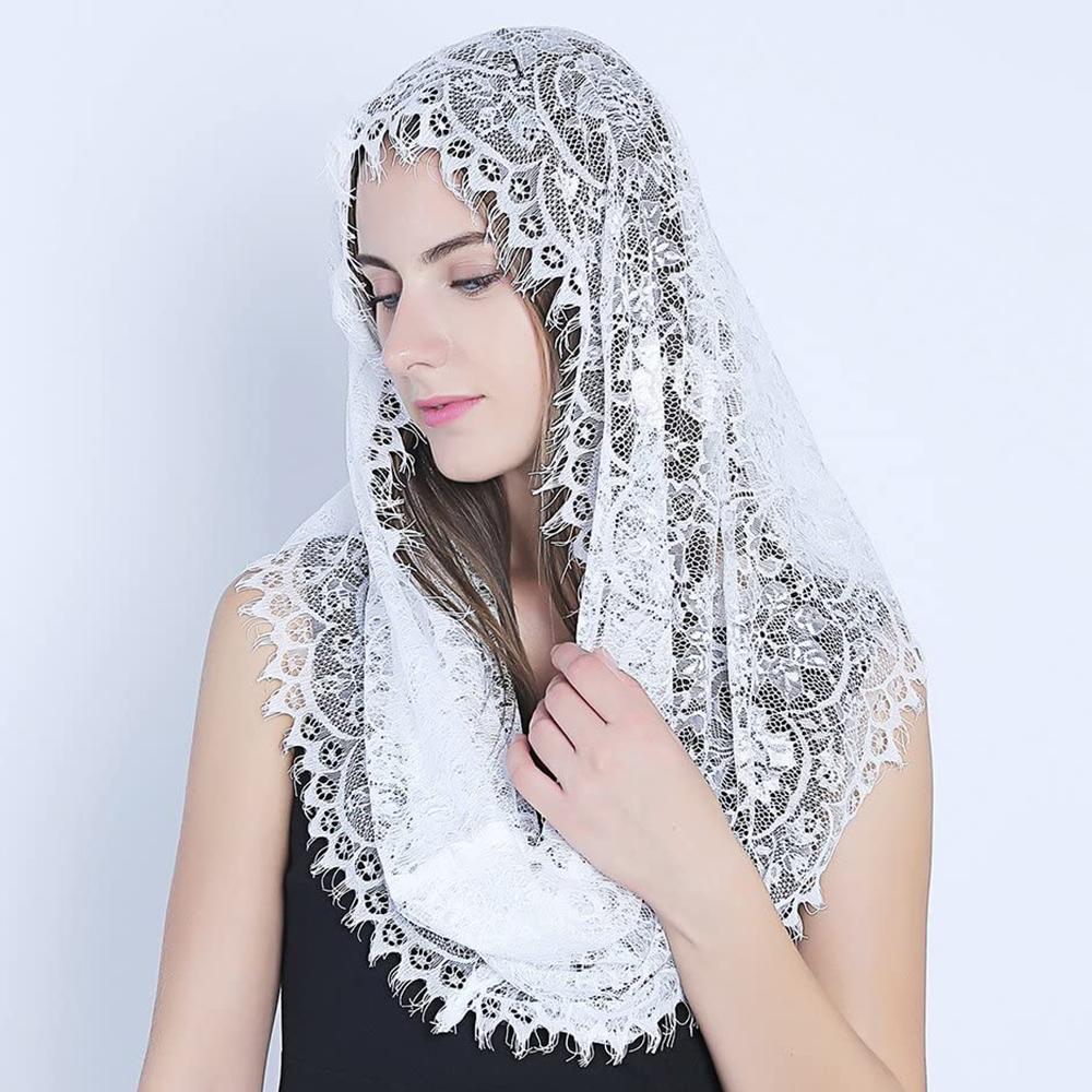 Women Infinity Scarf Lady Mantilla Lace Catholic Veil Elegant Church Veil Head Covering Latin Mass Wedding Bridal Shawl Black