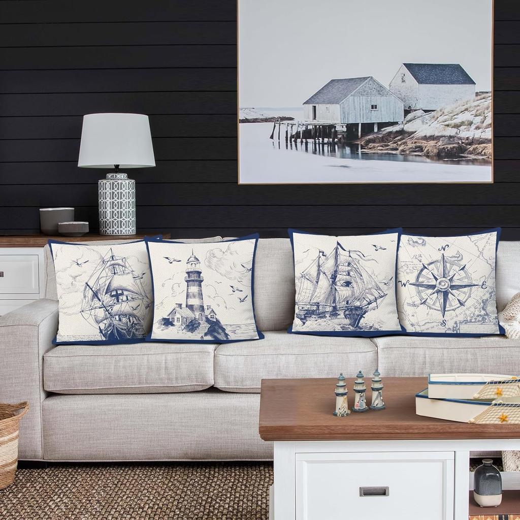 Bonhause Nautical Sailing Throw Pillow Covers 18 X 18 Inch Set of 4 Sailboat Compass Lighthouse Decorative Pillows Case Polyester Linen Cushion