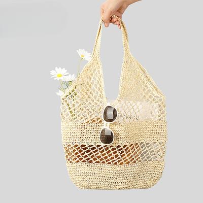 Borsa Intrecciata Vuota da Donna in Pura Corda di Carta Fatta a Mano Tasca a Rete Borsa di Paglia da Vacanza Borsa a Spalla