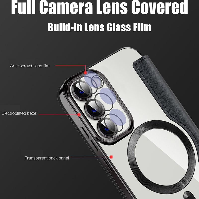 Leather Flip Cover Electroplat Silicone TPU Case For Samsung Galaxy S23 Ultra Plus Magnetic Wireless Charging Lens Glass Film