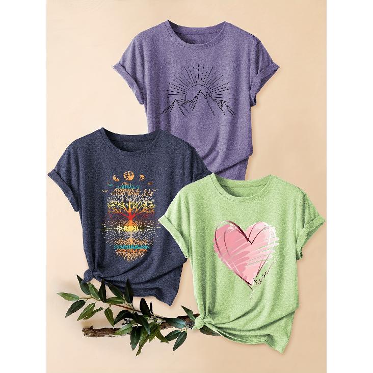 2026 3 Pack Vintage Print Round Neck Women Short Sleeve T Shirts Polyester Knit Casual Sports Daily Tops