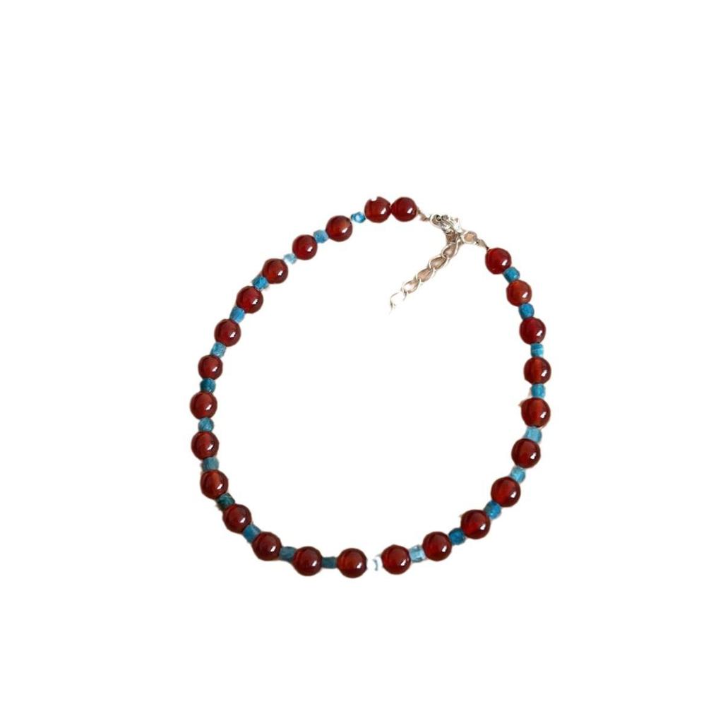 S925 Sterling Silver Chinese-Style Red Agate & Blue Apatite Floral Beaded Bracelet for Women