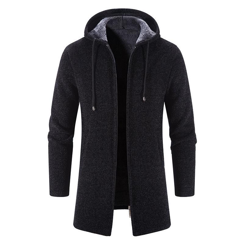 Autumn Winter New Style Hooded Fleece Lined Men Mid Length Loose Versatile Sweater Coat Loose Casual Knit Cardigan