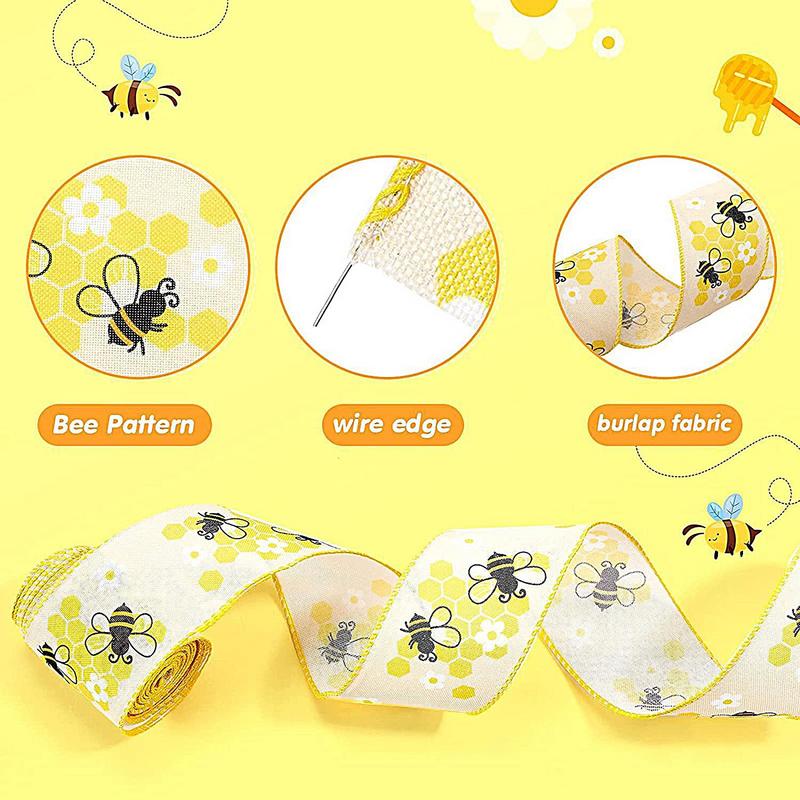 Bee Ribbon Wired Spring Craft Wrapping Honey Bee Striped Dot Yellow Ribbon For Wrapping Crafts Bows Party Decor 5 Yards