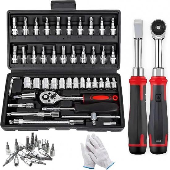 Набор из 46 аккумуляторных тонких трещоток 1/4 дюйма, набор из 46 аккумуляторных электрических тонких трещоток, новый тонкий электрический трещотка 2025 г., привод 3/8, аккумуляторная трещотка с 45 чёрный