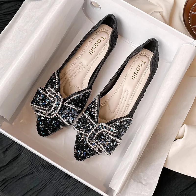 Fashion Flat Shoes for Women 2025 New Spring and Autumn Square Toe Shallow Rhinestone Bow Flat Scoop Shoes Women Ladies Plus Size 41-43