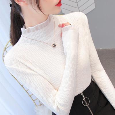 Women Spring Autumn Pullovers Knitted Sweaters Primer Shirt Full Sleeve Half High Neck Lace Slim Ruffled Bottoming Tops Solid Color One Size