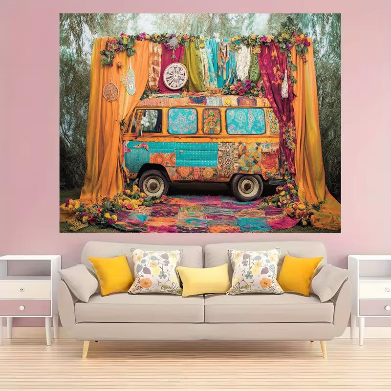 2D Boho Hippie Van Backdrop Colorful Retro Bus Photography Background