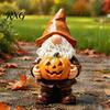 Hand Painted Gnome Statue Halloween Garden Statue, Faceless Holding Pumpkin Sculpture, Stable Sculpture Waterproof Resin for Porch Yard Autumn