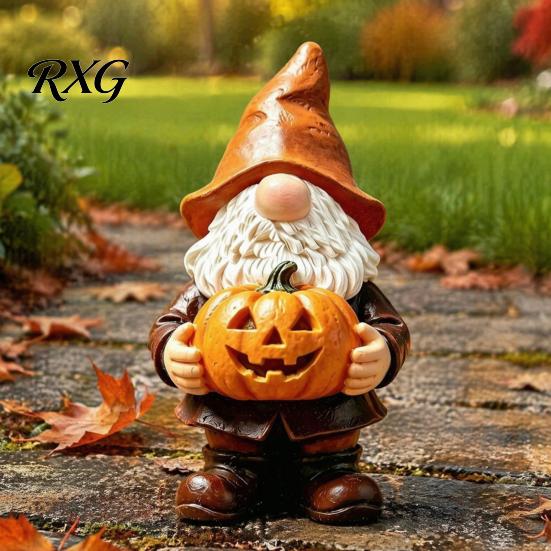 Hand Painted Gnome Statue Halloween Garden Statue, Faceless Holding Pumpkin Sculpture, Stable Sculpture Waterproof Resin for Porch Yard Autumn